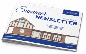 A booklet with the words "Summer Newsletter" and a rendering of a tudor style home on the cover.