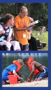A two-panel image: Top shows a woman reading to a person in a wheelchair; bottom shows two children on a beach.