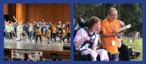 A horizontal collage: Left shows children performing on a stage; right shows a woman reading to a person in a wheelchair3.