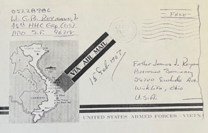 1967 Vietnam military postcard from Lt. G.P. Reymann to Father James Reymann in Ohio, featuring map of North and South Vietnam